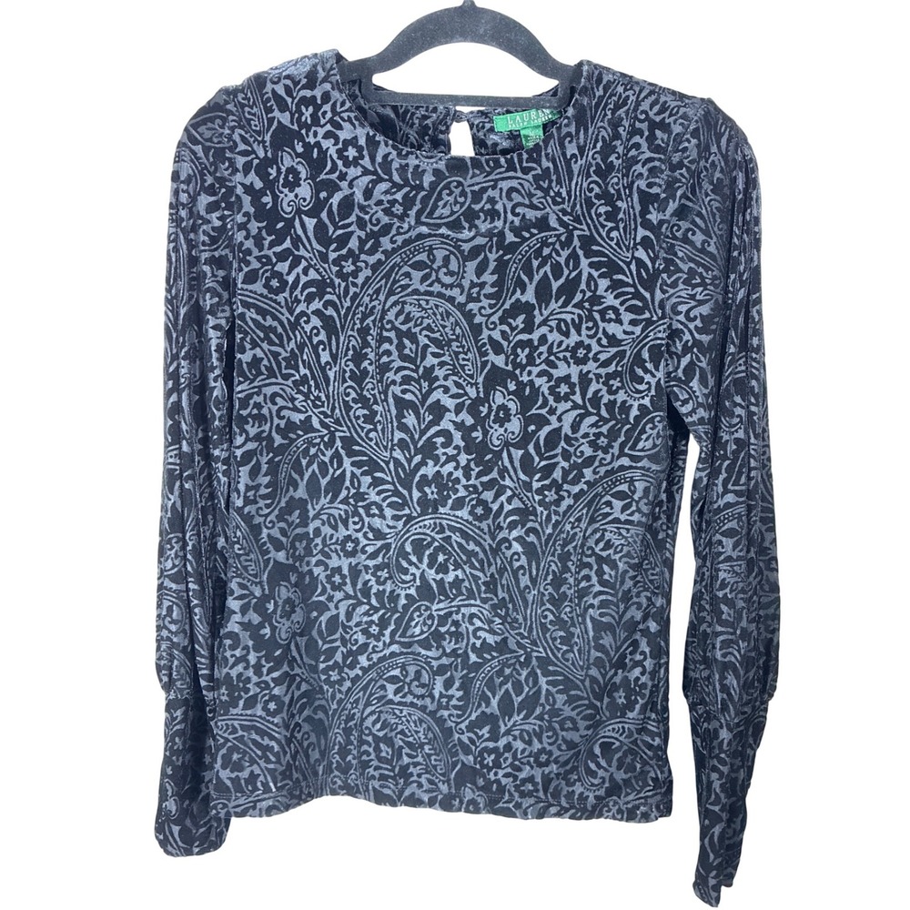 Lauren Ralph Lauren Black Paisley Velvet Top Women's Long Sleeve Sheer Size M